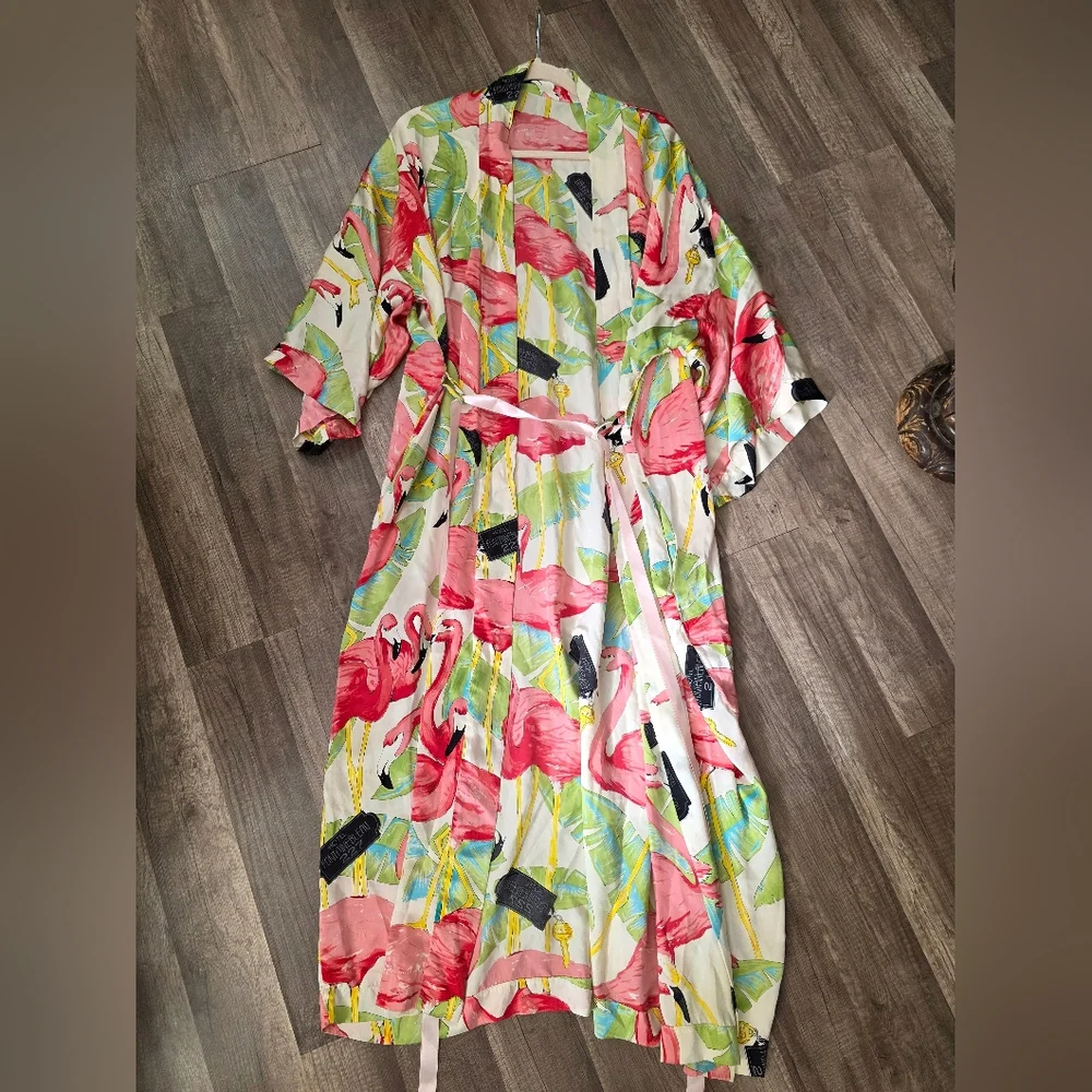 Vintage Boho Hotel Fontainbleu 227 Paris Hollywood Silk Kimono Robe Flamingo - Picture 2 of 8